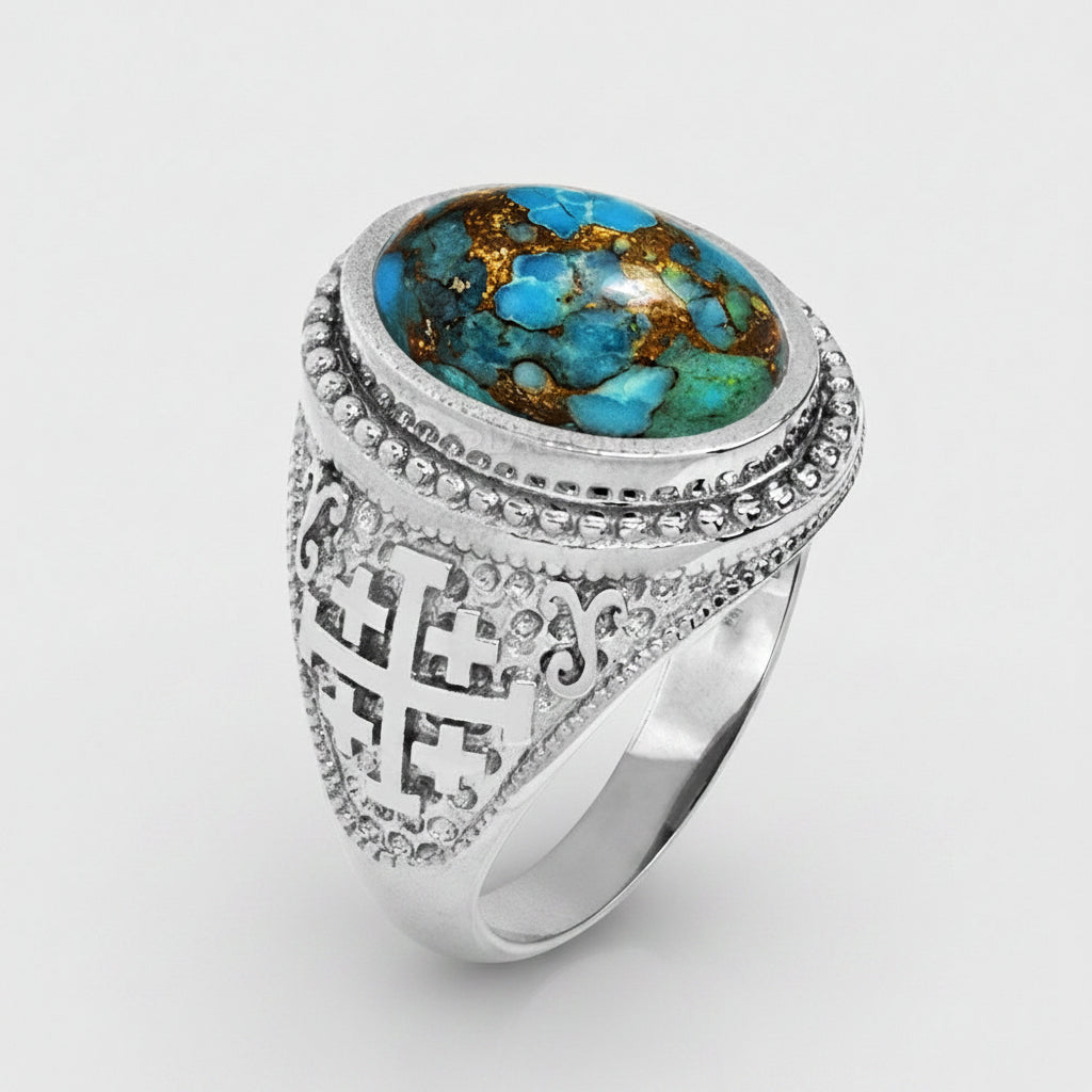 Sterling Silver Jerusalem Cross Blue Copper Turquoise Ring Karma Blingz