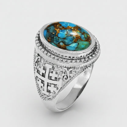Sterling Silver Jerusalem Cross Blue Copper Turquoise Ring Karma Blingz