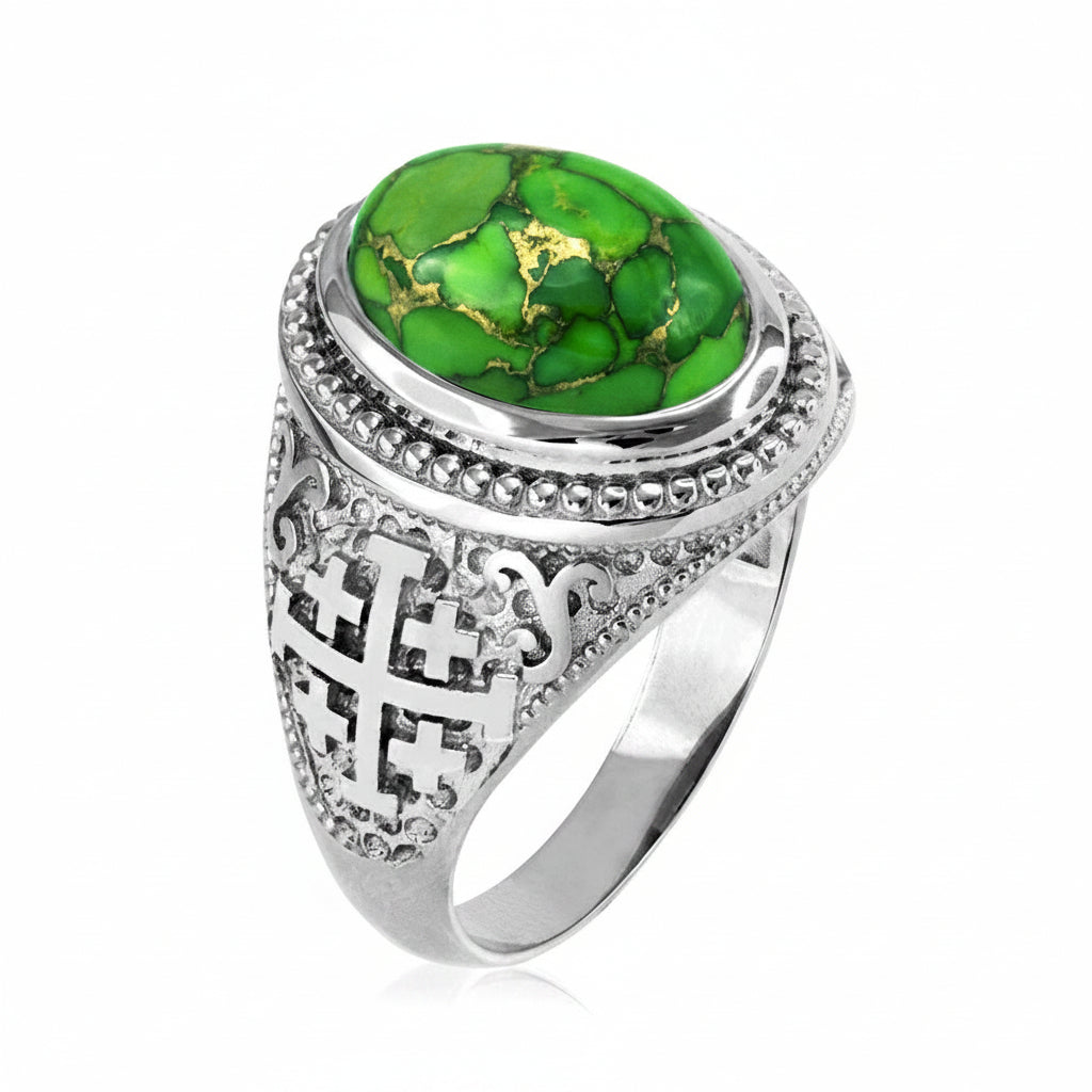 Sterling Silver Jerusalem Cross Green Copper Turquoise Ring Karma Blingz
