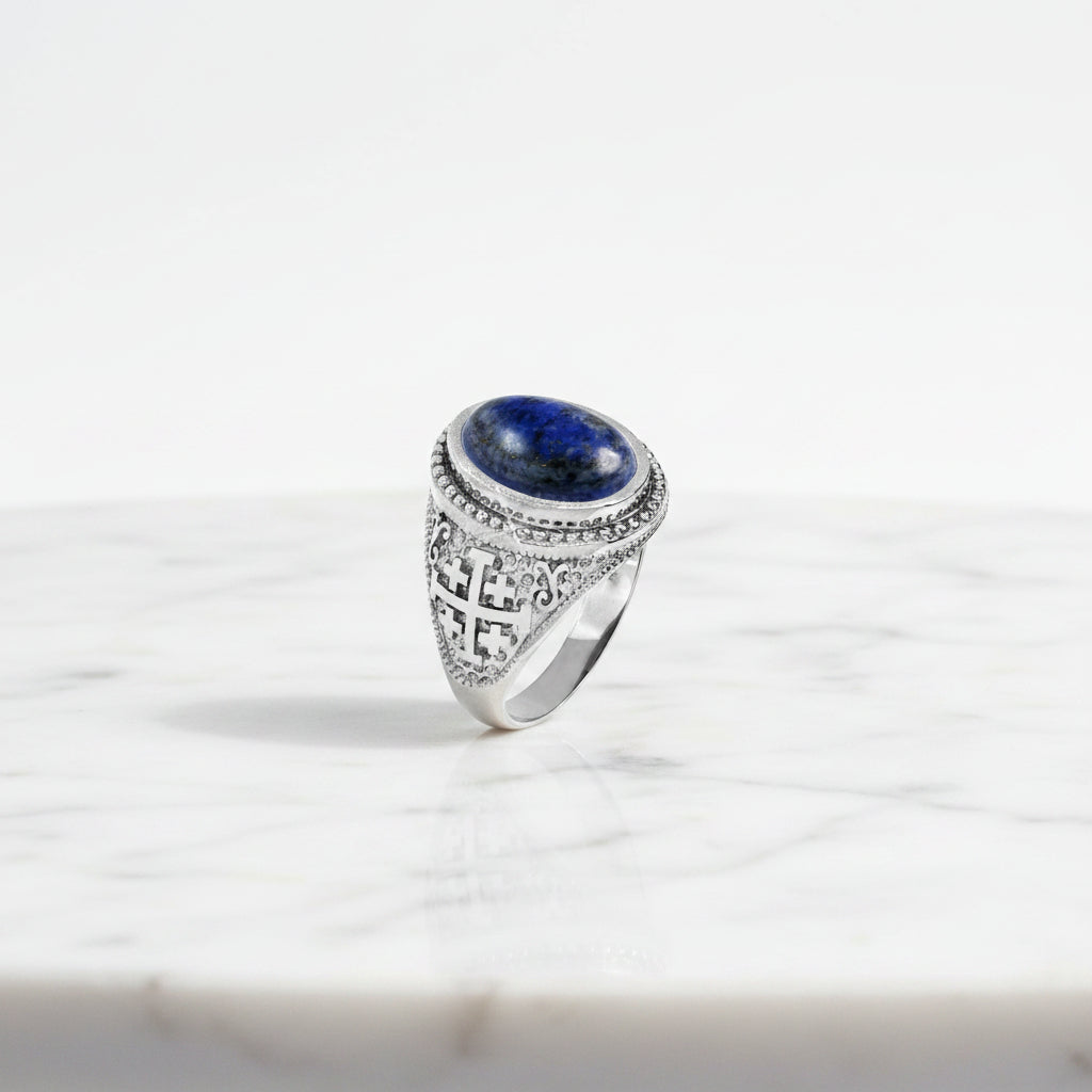 Sterling Silver Jerusalem Cross Lapis Lazuli Gemstone Ring Karma Blingz