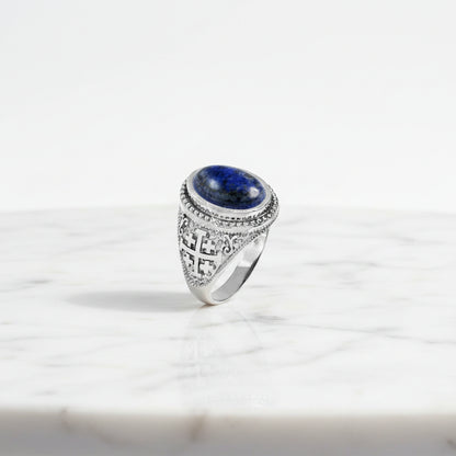 Sterling Silver Jerusalem Cross Lapis Lazuli Gemstone Ring Karma Blingz