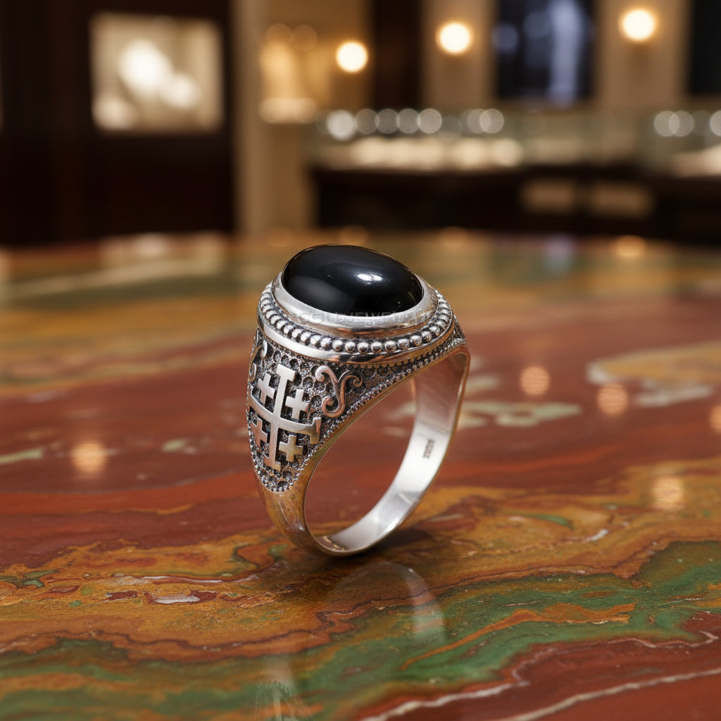 Sterling Silver Jerusalem Cross Black Onyx Oval Cabochon Ring Karma Blingz