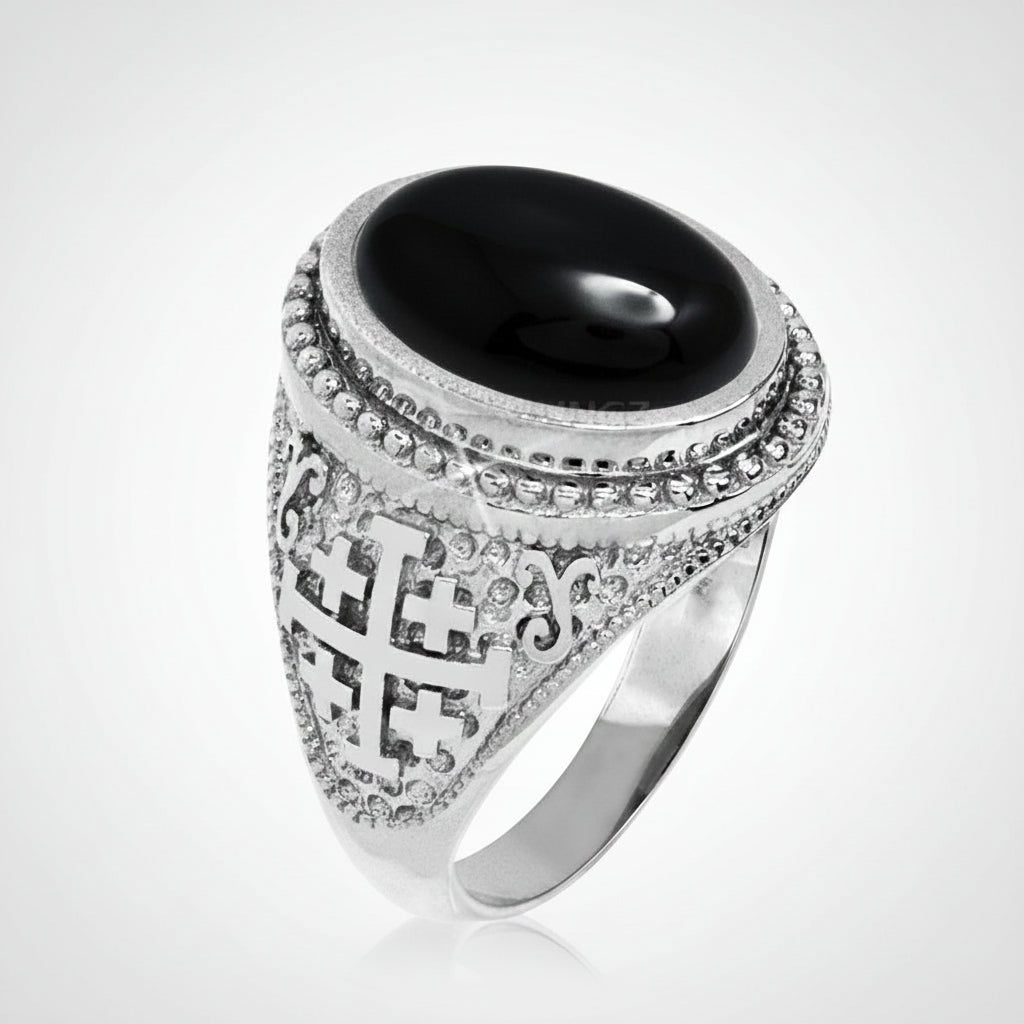Sterling Silver Jerusalem Cross Black Onyx Oval Cabochon Ring Karma Blingz