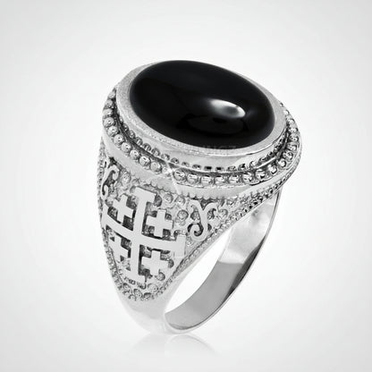 Sterling Silver Jerusalem Cross Black Onyx Oval Cabochon Ring Karma Blingz