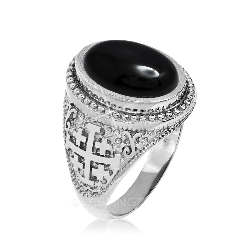 Sterling Silver Jerusalem Cross Black Onyx Oval Cabochon Ring Karma Blingz