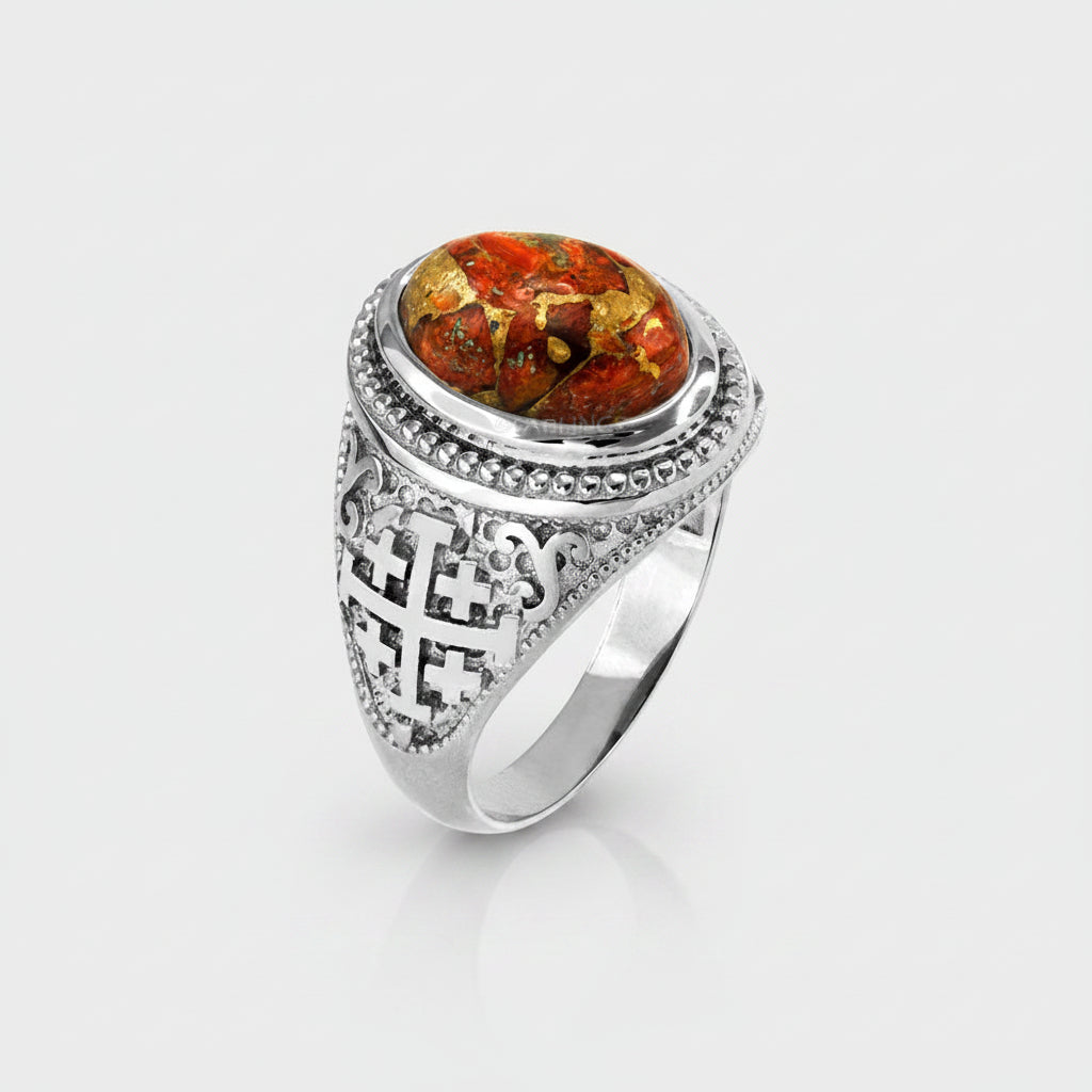 Sterling Silver Jerusalem Cross Orange Copper Turquoise Ring Karma Blingz