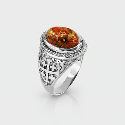 Sterling Silver Jerusalem Cross Orange Copper Turquoise Ring Karma Blingz