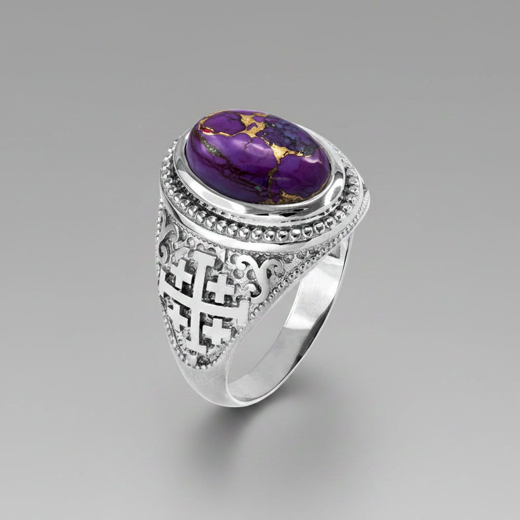 Sterling Silver Jerusalem Cross Purple Copper Turquoise Ring Karma Blingz