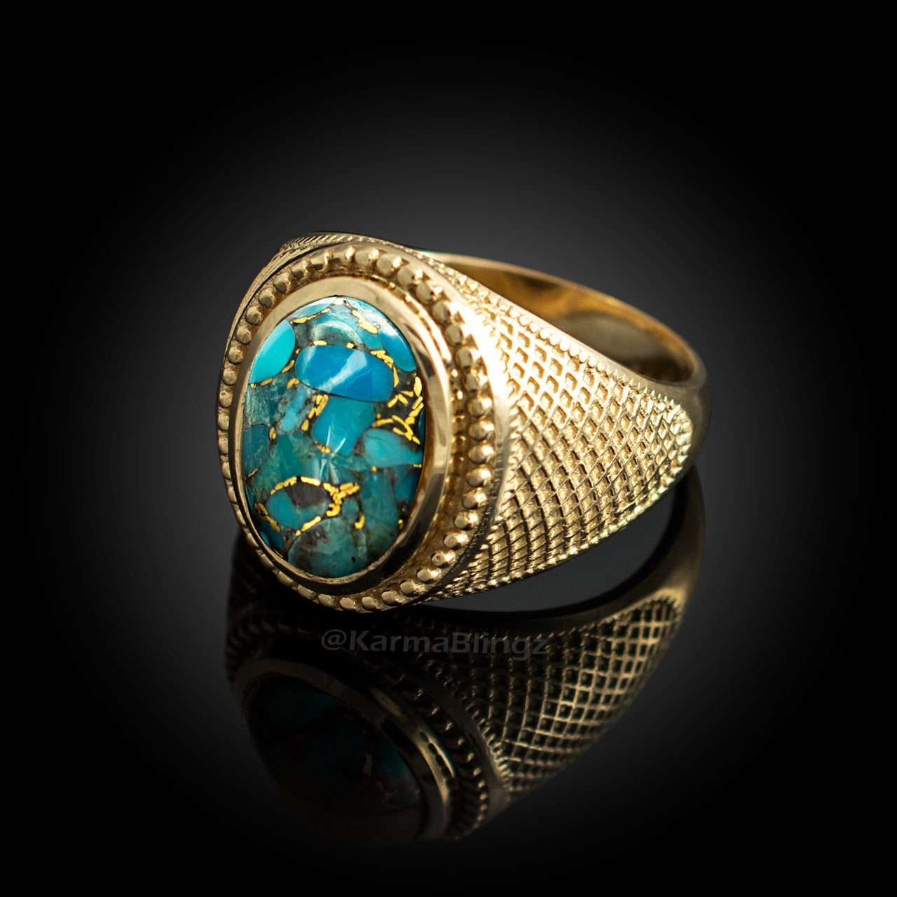 Solid Gold Blue Copper Turquoise Oval Gemstone Ring Karma Blingz