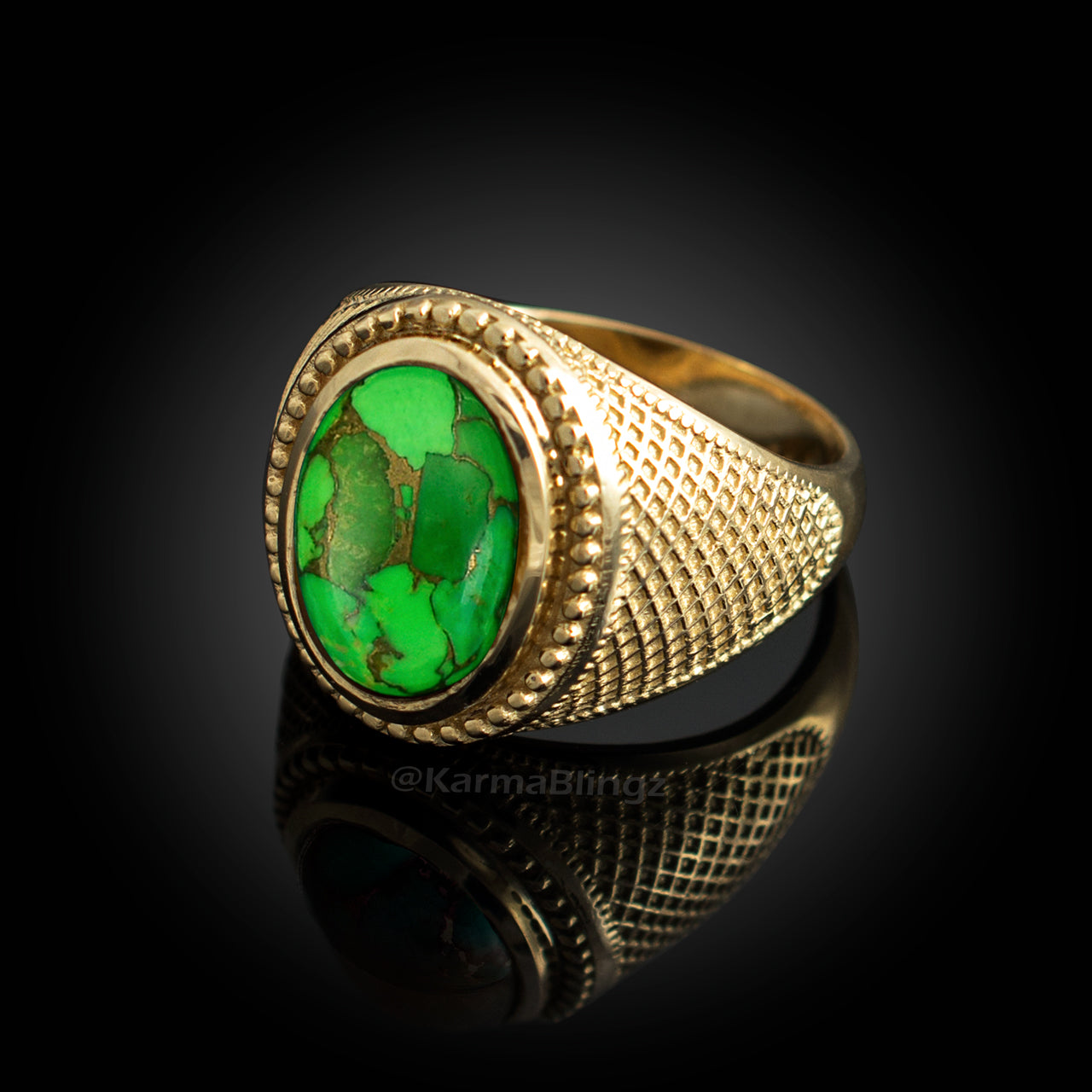 Solid Gold Green Copper Turquoise Gemstone Oval Statement Ring Karma Blingz