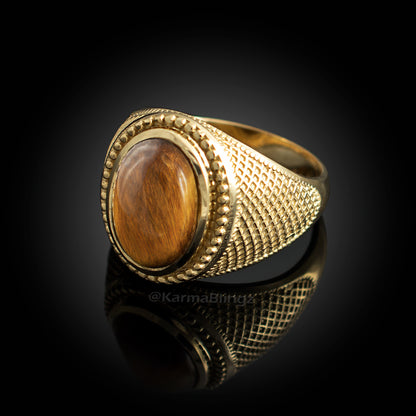 Solid Gold Tiger Eye Gemstone Oval Statement Ring Karma Blingz