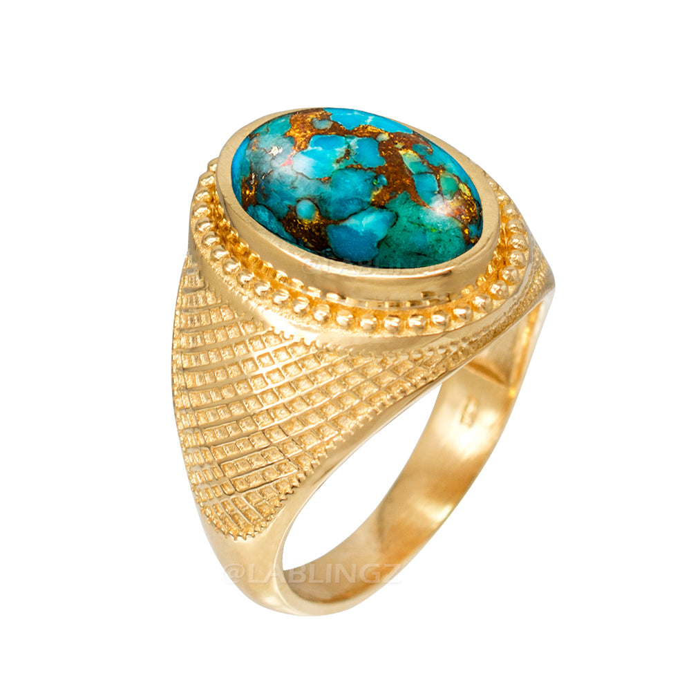 Solid Gold Blue Copper Turquoise Oval Gemstone Ring Karma Blingz