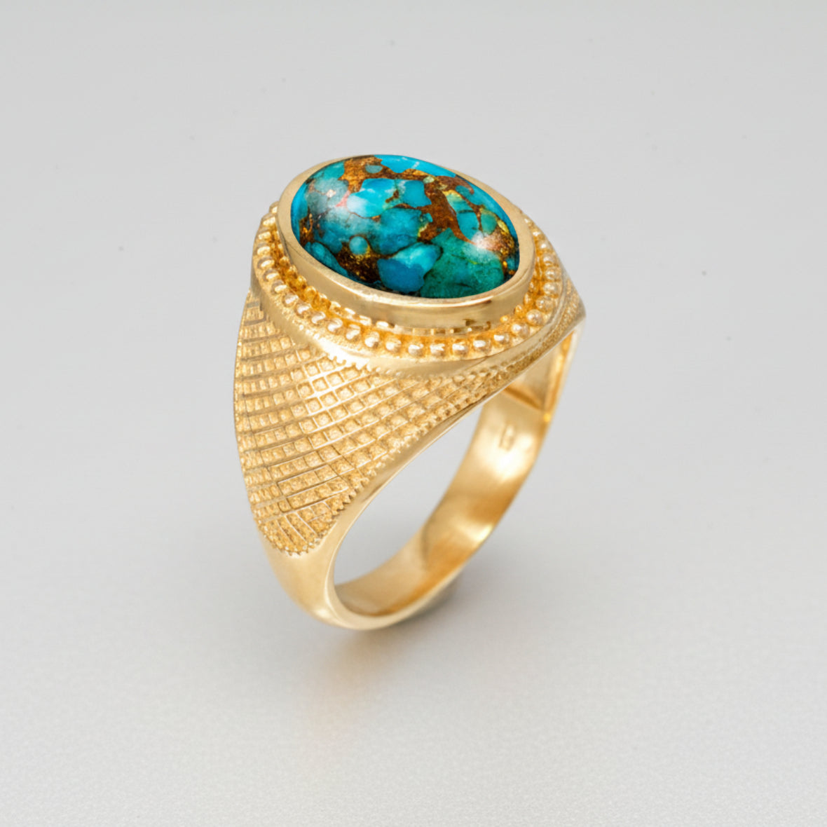 Solid Gold Blue Copper Turquoise Oval Gemstone Ring Karma Blingz