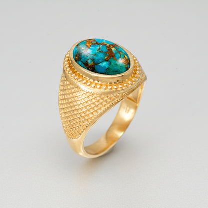 Solid Gold Blue Copper Turquoise Oval Gemstone Ring Karma Blingz