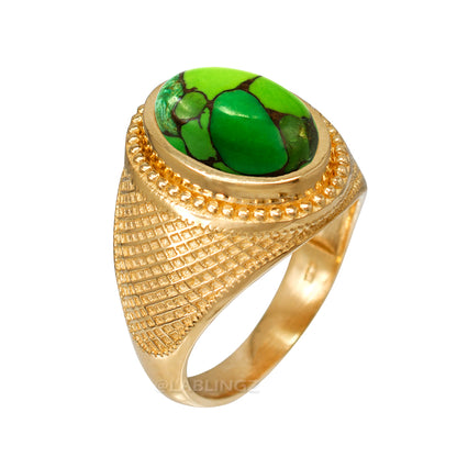 Solid Gold Green Copper Turquoise Gemstone Oval Statement Ring Karma Blingz