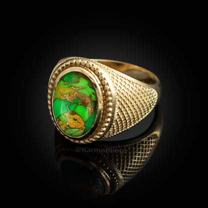 Solid Gold Green Copper Turquoise Gemstone Oval Statement Ring Karma Blingz