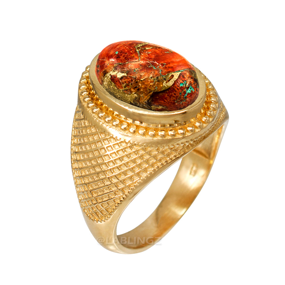 Solid Gold Orange Copper Turquoise Oval Gemstone Ring Karma Blingz