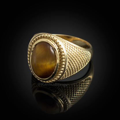 Solid Gold Tiger Eye Gemstone Oval Statement Ring Karma Blingz
