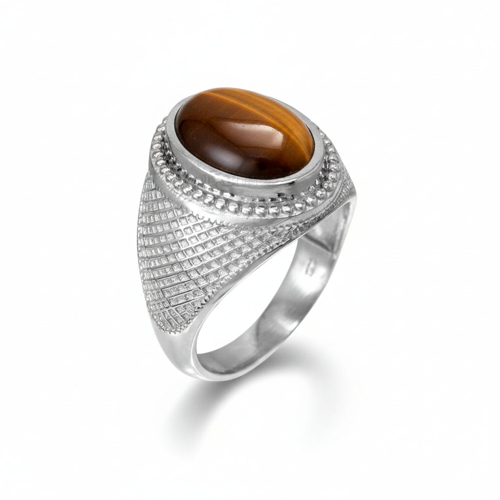 Sterling Silver Tiger Eye Mens Gemstone Statement Ring Karma Blingz
