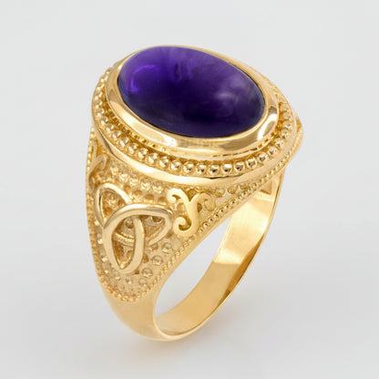 Gold Celtic Knot Band Purple Amethyst cabochon gemstone Statement Ring Karma Blingz