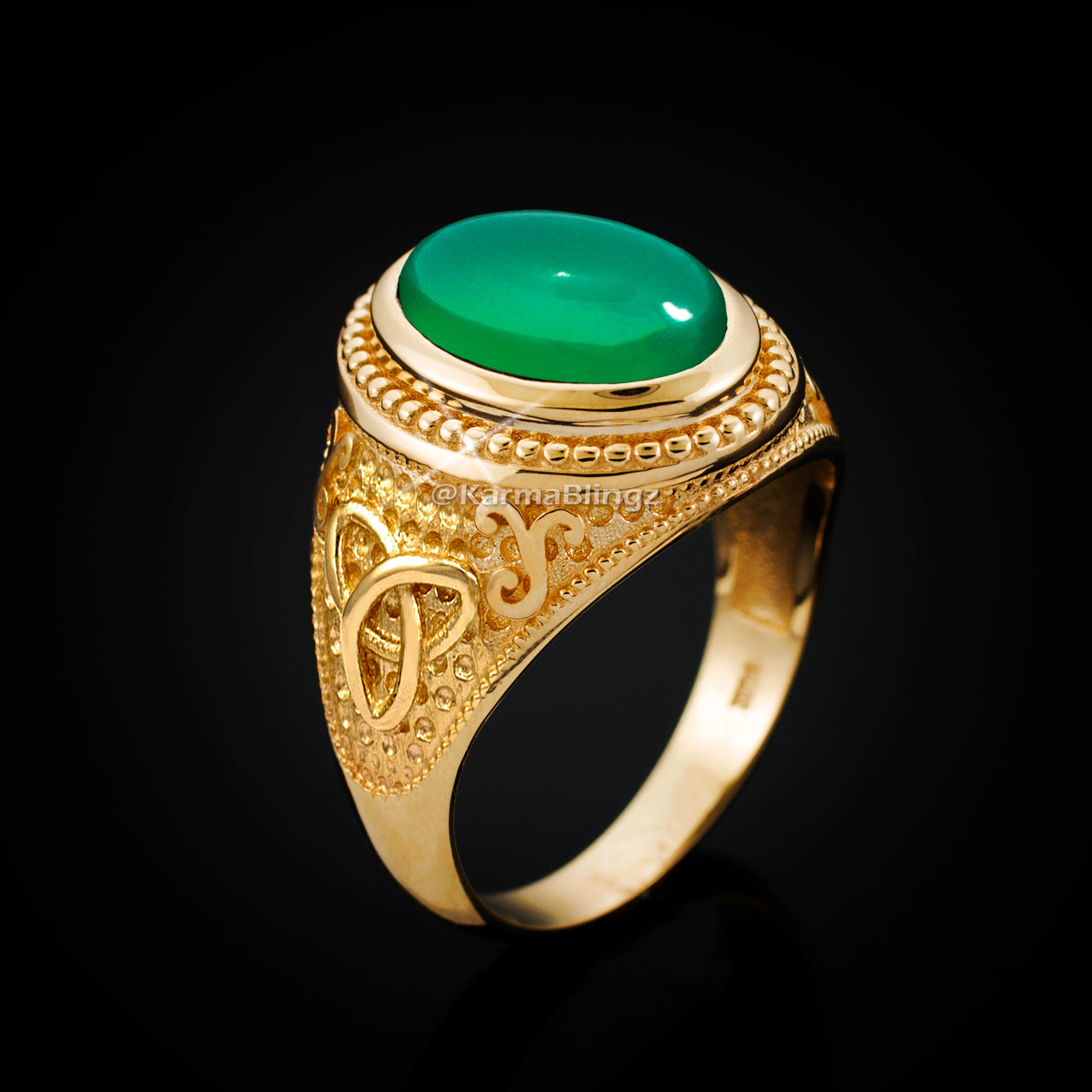 Gold Celtic Trinity Green Onyx Gemstone Ring Karma Blingz