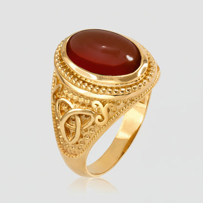Gold Celtic Trinity Red Onyx Oval Cabochon Gemstone Ring Karma Blingz