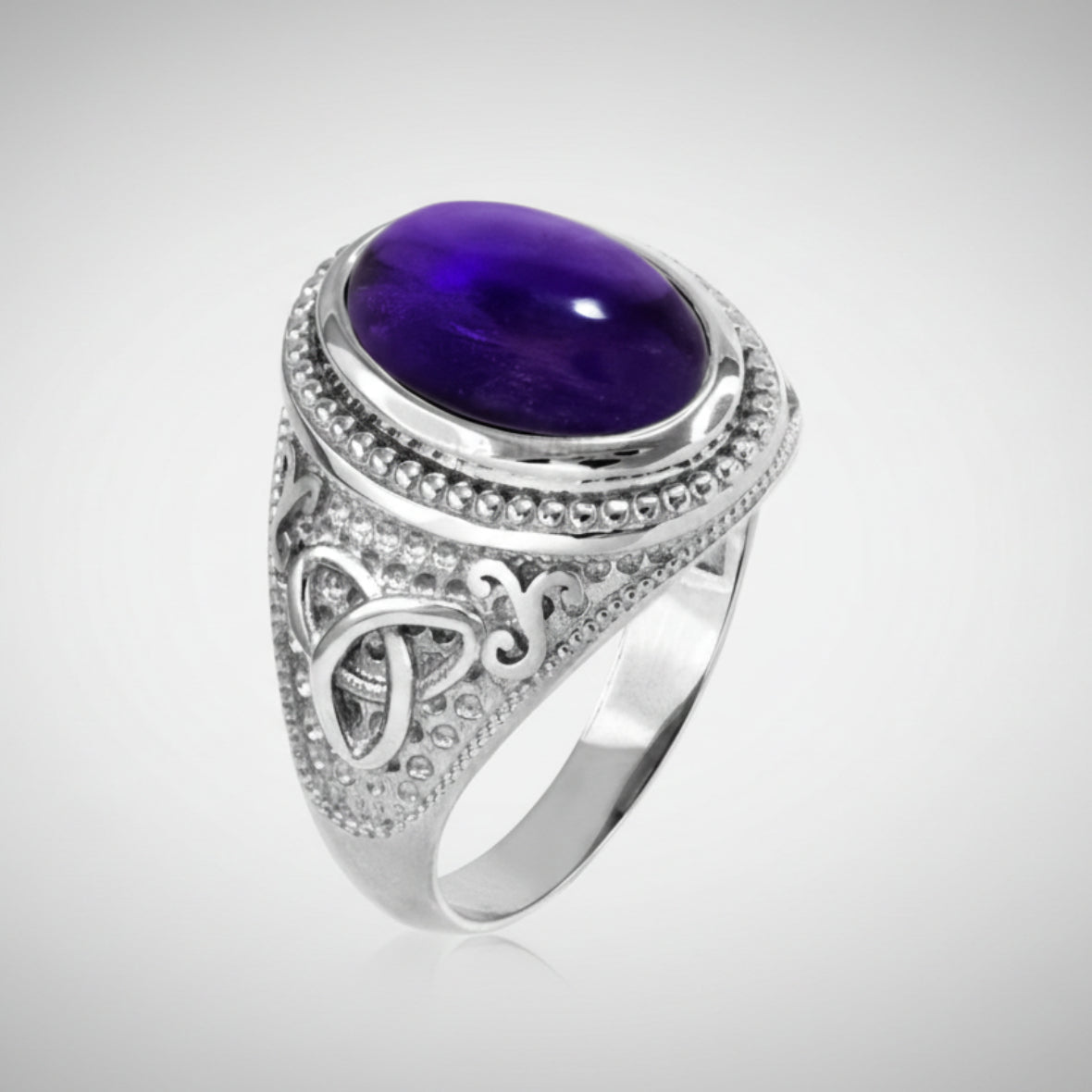 Sterling Silver Celtic Band Oval Amethyst smooth Cabochon smoky purple Gemstone plain. open back