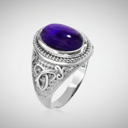 Sterling Silver Celtic Band Oval Amethyst smooth Cabochon smoky purple Gemstone plain. open back