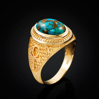 Gold Egyptian Ankh Cross Blue Copper Turquoise Statement Ring Karma Blingz