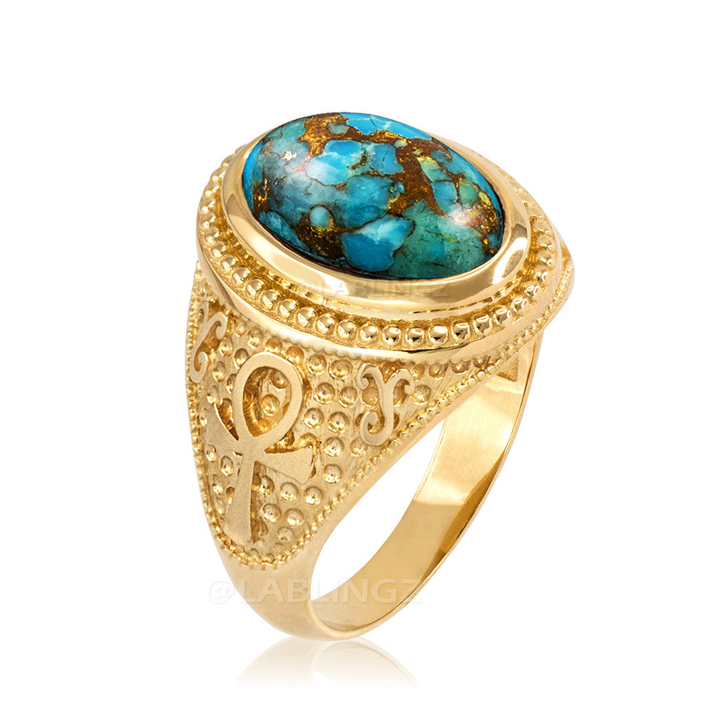 Gold Egyptian Ankh Cross Blue Copper Turquoise Statement Ring Karma Blingz