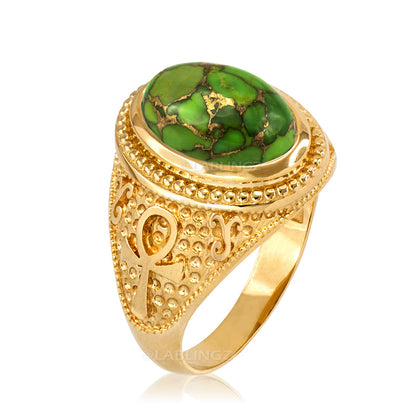 Gold Egyptian Ankh Cross Green Copper Turquoise Ring Karma Blingz