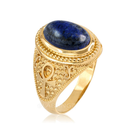 Gold Egyptian Ankh Cross Lapis Lazuli Statement Ring Karma Blingz