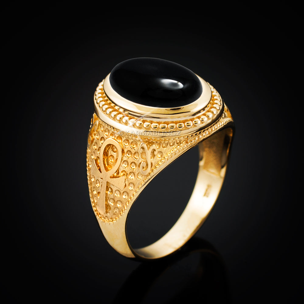 Gold Egyptian Ankh Cross Black Onyx Statement Ring Karma Blingz