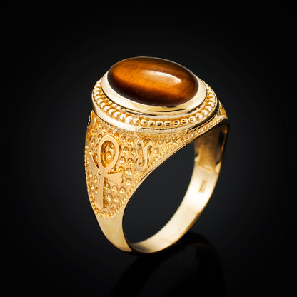 Gold Egyptian Ankh Cross Tiger Eye Statement Ring. Karma Blingz