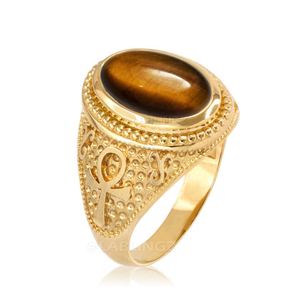 Gold Egyptian Ankh Cross Tiger Eye Statement Ring. Karma Blingz