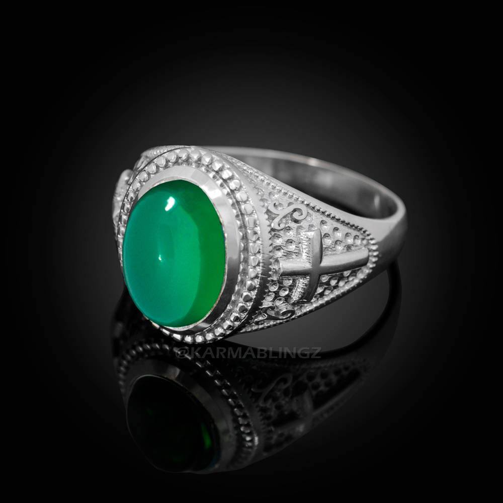 Sterling Silver Christian Cross Green Onyx Gemstone Ring Karma Blingz