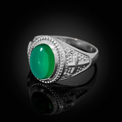 Sterling Silver Christian Cross Green Onyx Gemstone Ring Karma Blingz