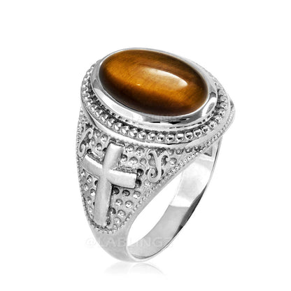 Sterling Silver Christian Cross Tiger Eye Statement Ring Karma Blingz