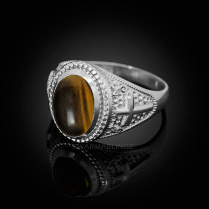 Sterling Silver Christian Cross Tiger Eye Statement Ring Karma Blingz