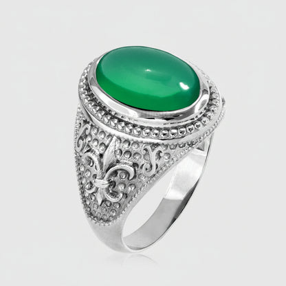 Sterling Silver Fleur De Lis Green Onyx Gemstone Statement Ring Karma Blingz
