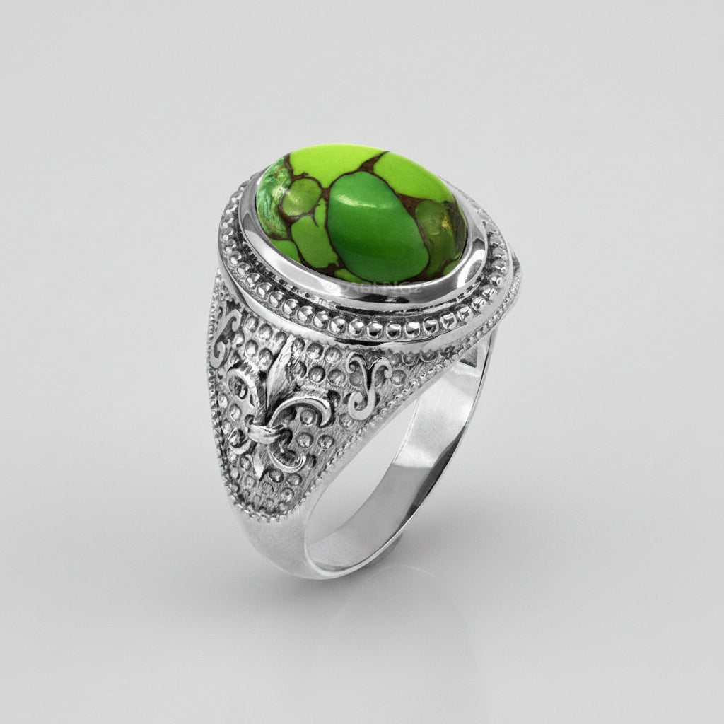 Sterling Silver Fleur De Lis Green Copper Turquoise Ring Karma Blingz