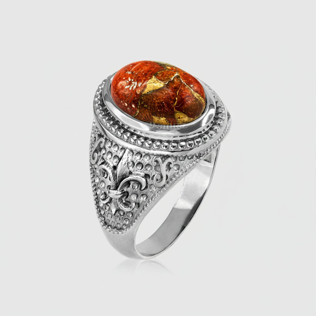 Sterling Silver Fleur De Lis Orange Copper Turquoise Ring Karma Blingz