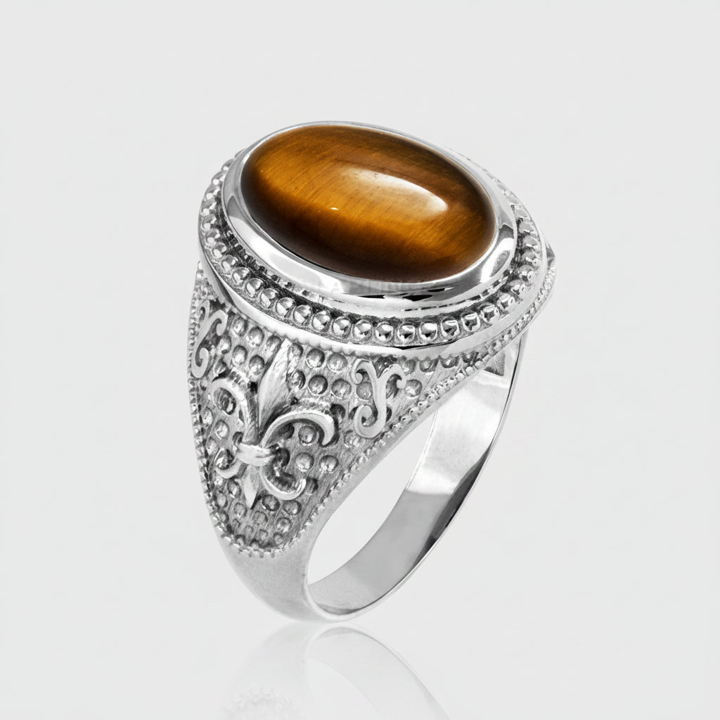 Sterling Silver Fleur De Lis Tiger Eye Gemstone Statement Ring Karma Blingz