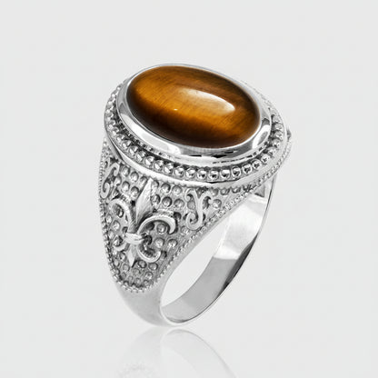 Sterling Silver Fleur De Lis Tiger Eye Gemstone Statement Ring Karma Blingz