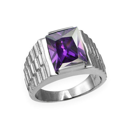 10K White Gold Men's Square CZ Birthstone Ring Karma Blingz