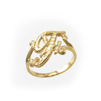 14K Yellow Gold Sparkle-Cut Letter Initial Script Ring Karma Blingz