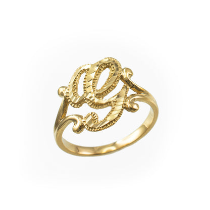 10K Yellow Gold Sparkle-Cut Letter Initial Script Ring Karma Blingz
