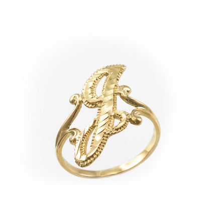 14K Yellow Gold Sparkle-Cut Letter Initial Script Ring Karma Blingz