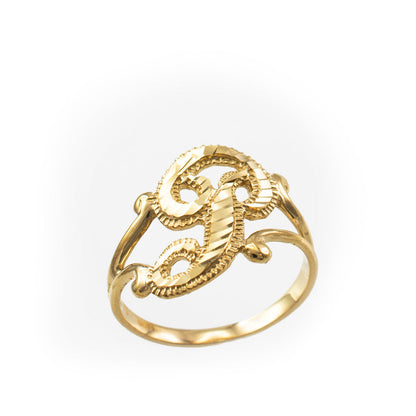 14K Yellow Gold Sparkle-Cut Letter Initial Script Ring Karma Blingz