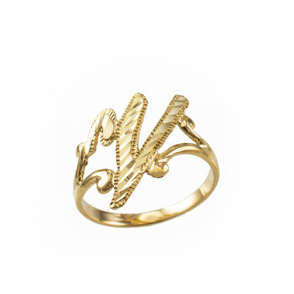 14K Yellow Gold Sparkle-Cut Letter Initial Script Ring Karma Blingz